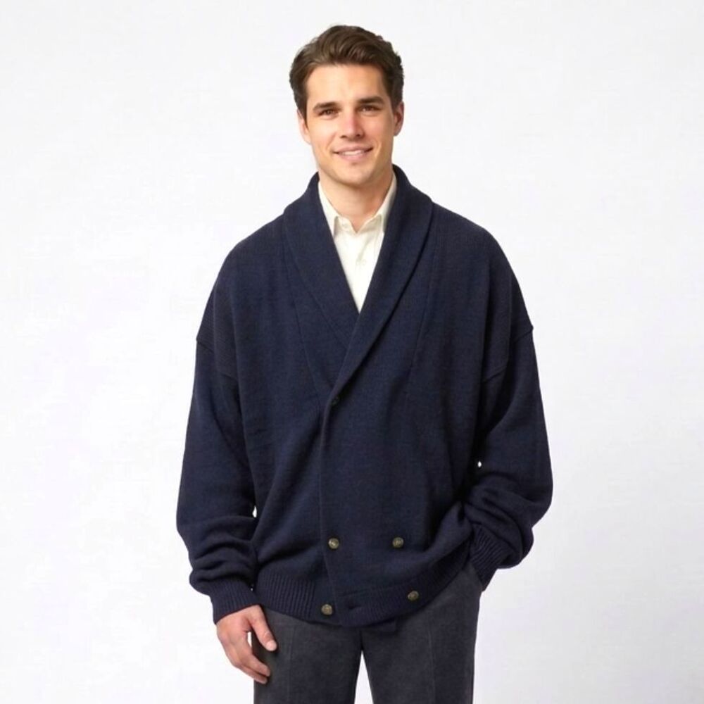 VTG Signe Incognito Double Breasted Navy Wool Sweater L Shawl Collar Relaxed Fit